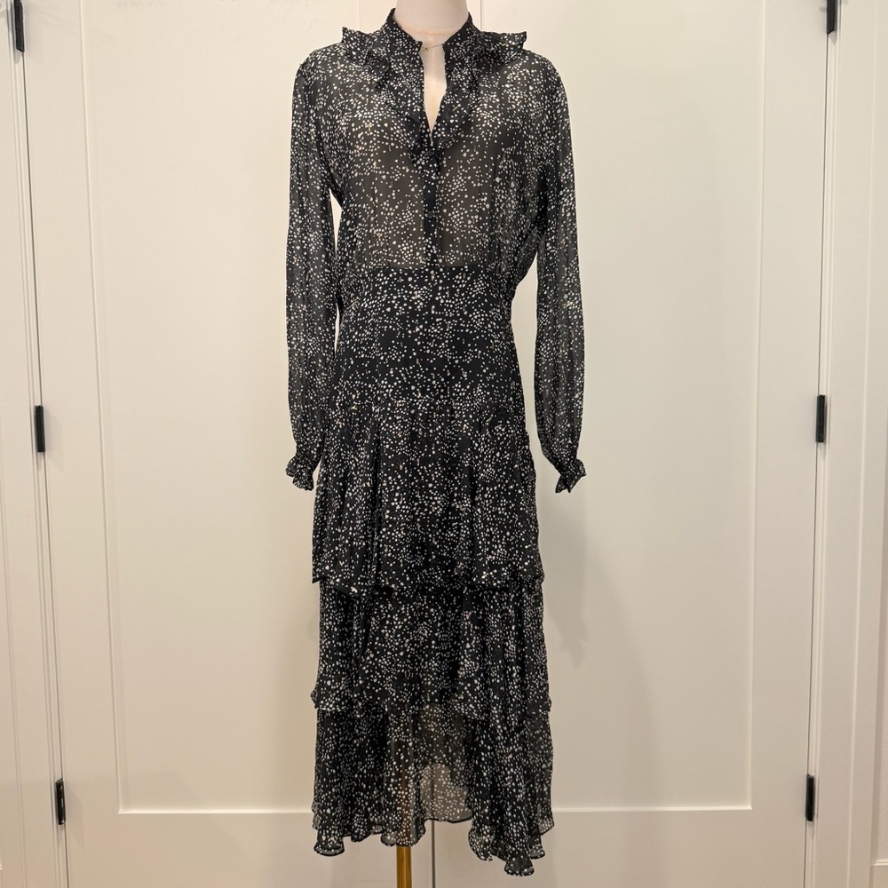 Maje Tiered Printed Metallic Fil Coupé Midi Dress 38 Medium Black Silk Wedding - Picture 6 of 16